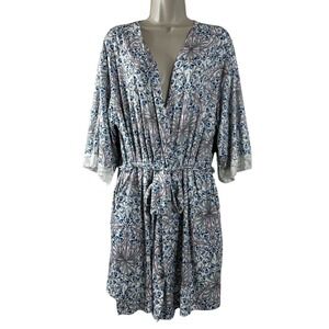 Flora‎ Nikrooz Women's Robe Blue Floral Short Lace Trim Pockets Sleepwear